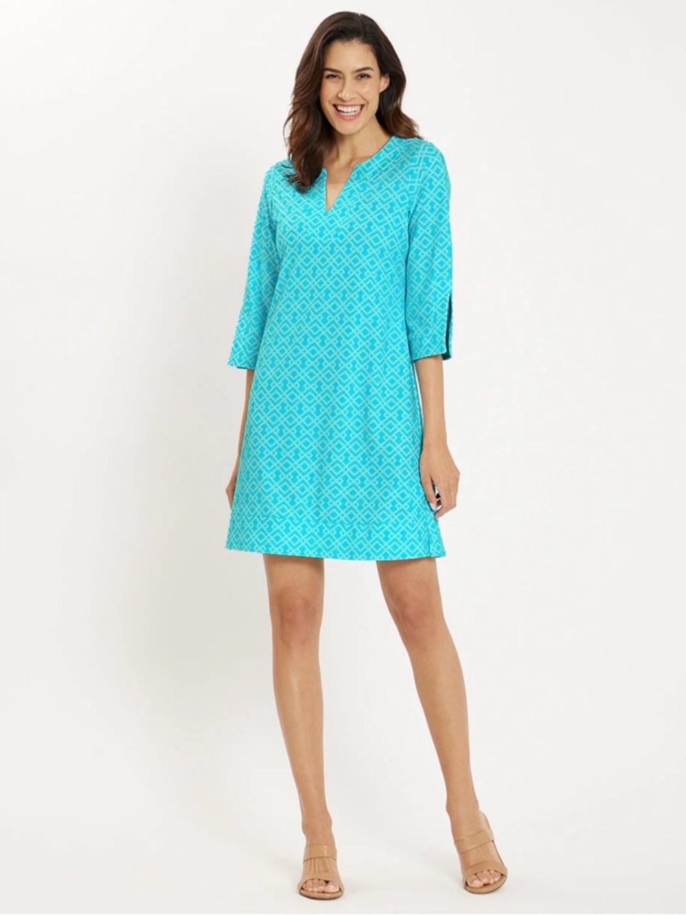 Jude Connally Turquoise and White Geometric Dress